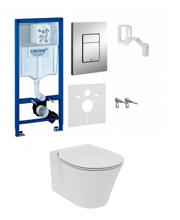 Grohe 5in1 su fresh rėmeliu tabletėms ir potinkinis rėmas chromuotu mygtuku ir Connect Air AquaBlade klozetu